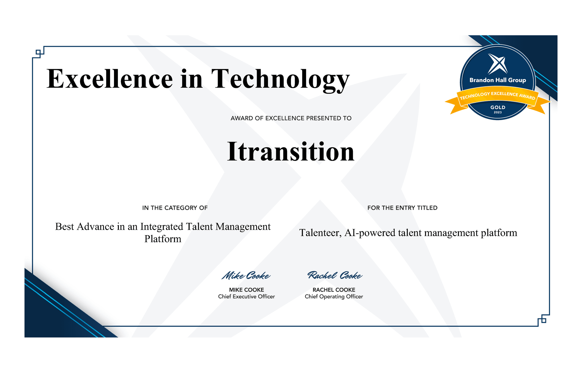 Talenteer's Brandon Hall certificate